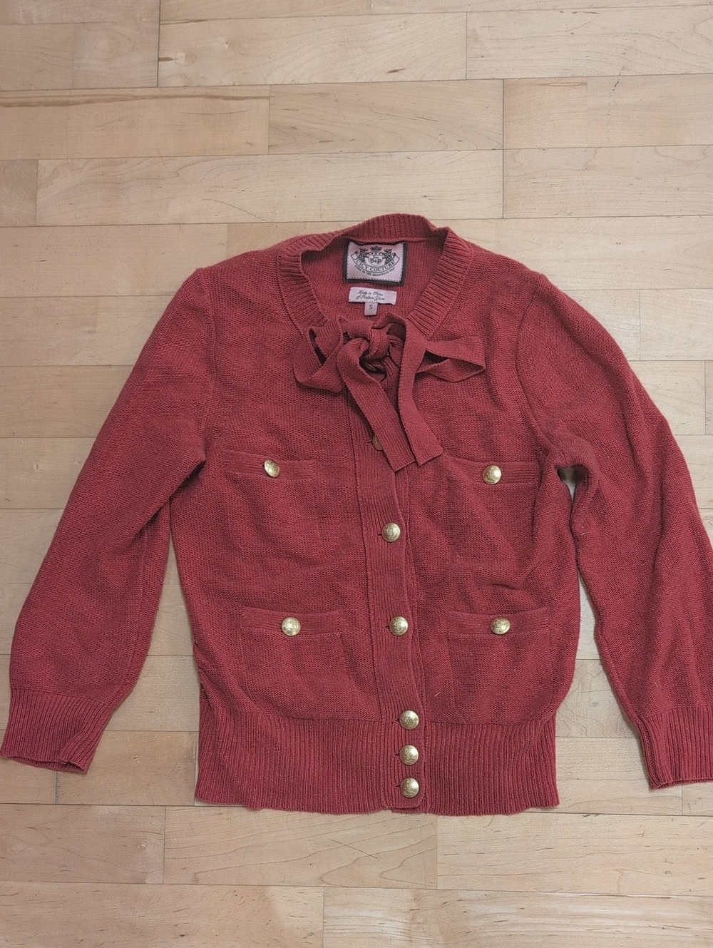 Juicy Couture Vintage Gold Button Tie-Neck Cardigan Red Size Small